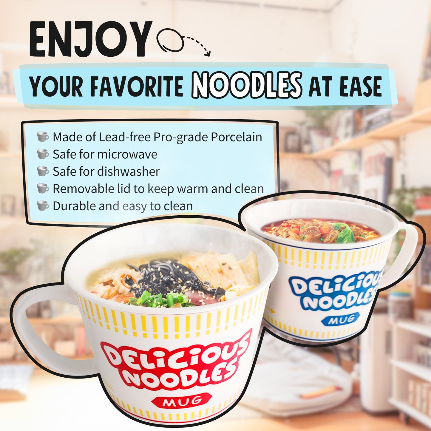 Porcelain Instant Noodle Bowl Mug With Handle 34 Oz, Blue