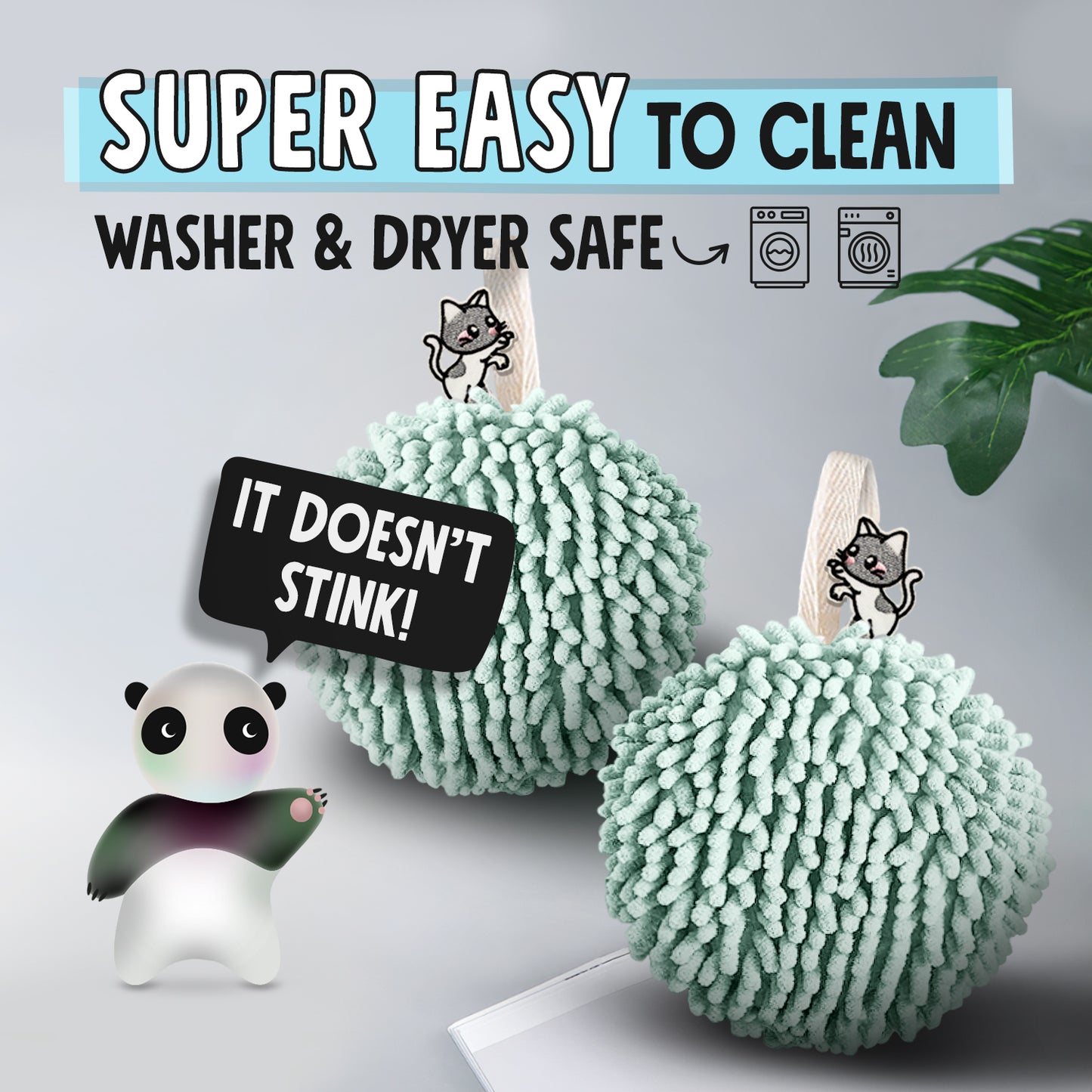Kitty Cat Fuzzy Ball Towel Puffs Pack of 2 Mint