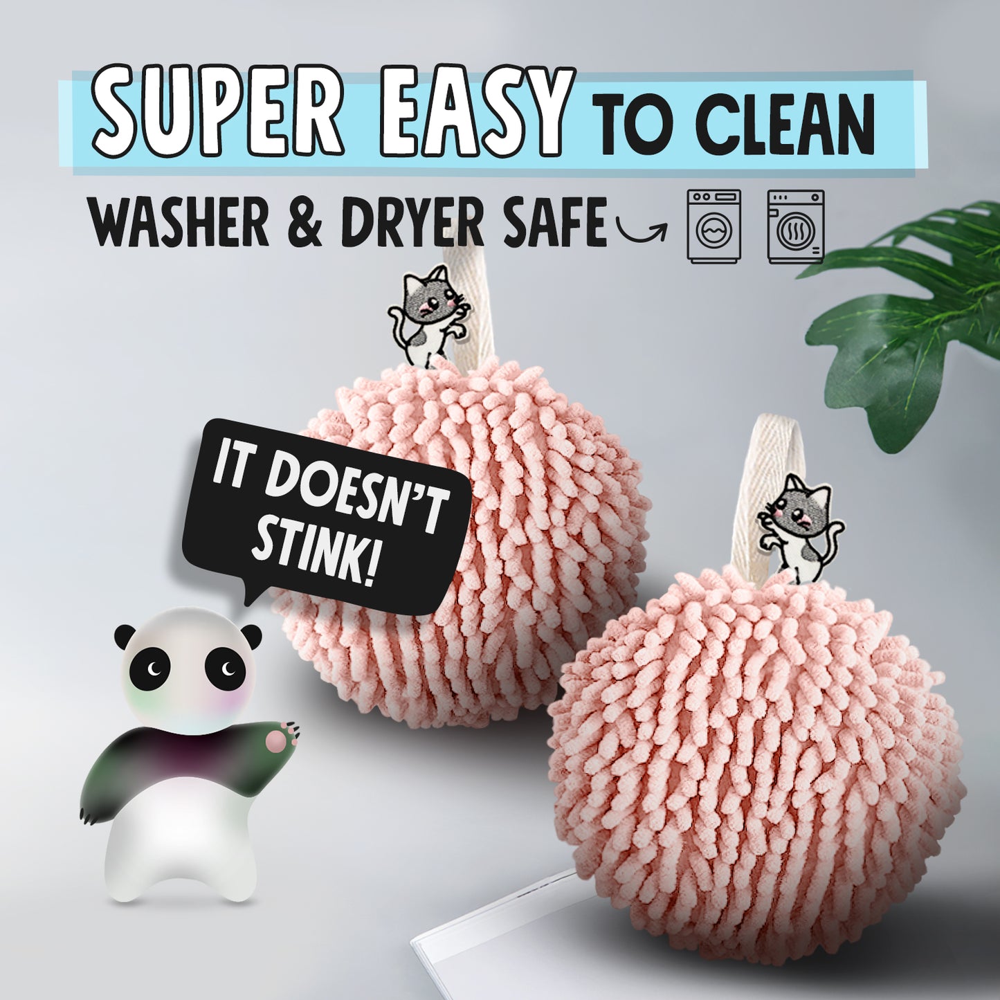 Kitty Cat Fuzzy Ball Towel Puffs Pack of 2 Pink
