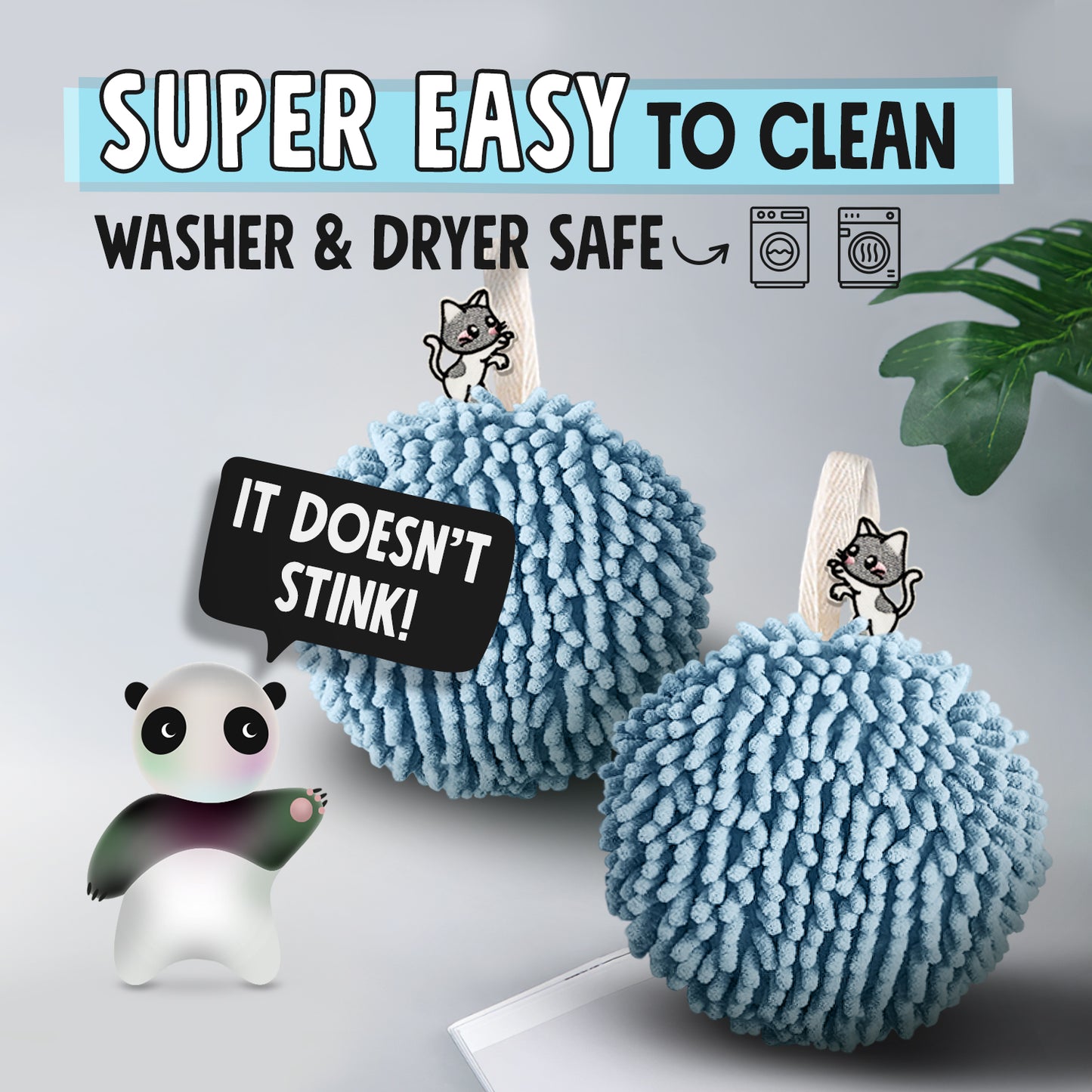 Kitty Cat Fuzzy Ball Towel Puffs Pack of 2 Blue
