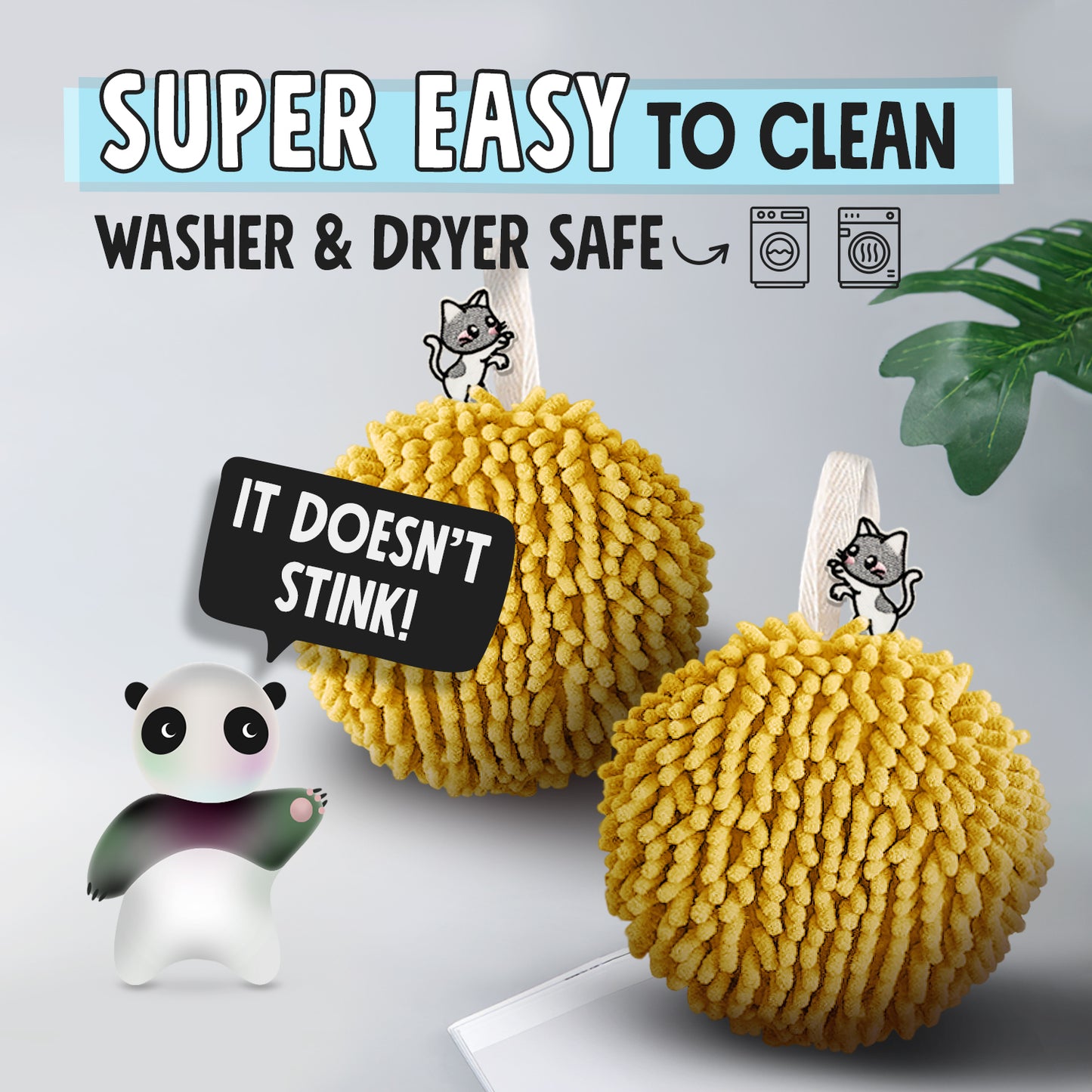Kitty Cat Fuzzy Ball Towel Puffs Pack of 2 Yellow