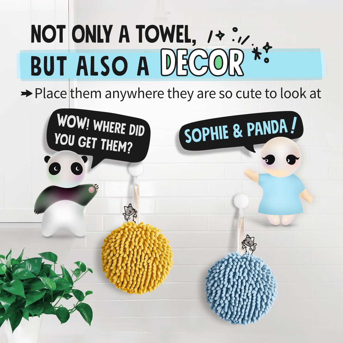 Kitty Cat Fuzzy Ball Towel Puffs Pack of 2 Blue
