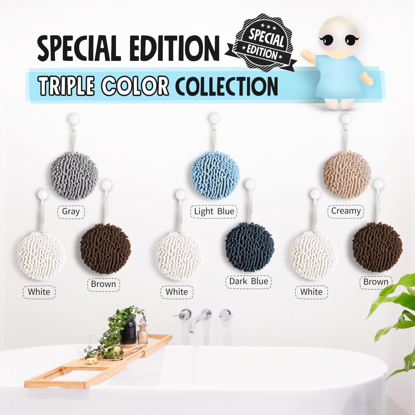 Fuzzy Ball Towels Set of 3 (White, Light & Dark Blue)
