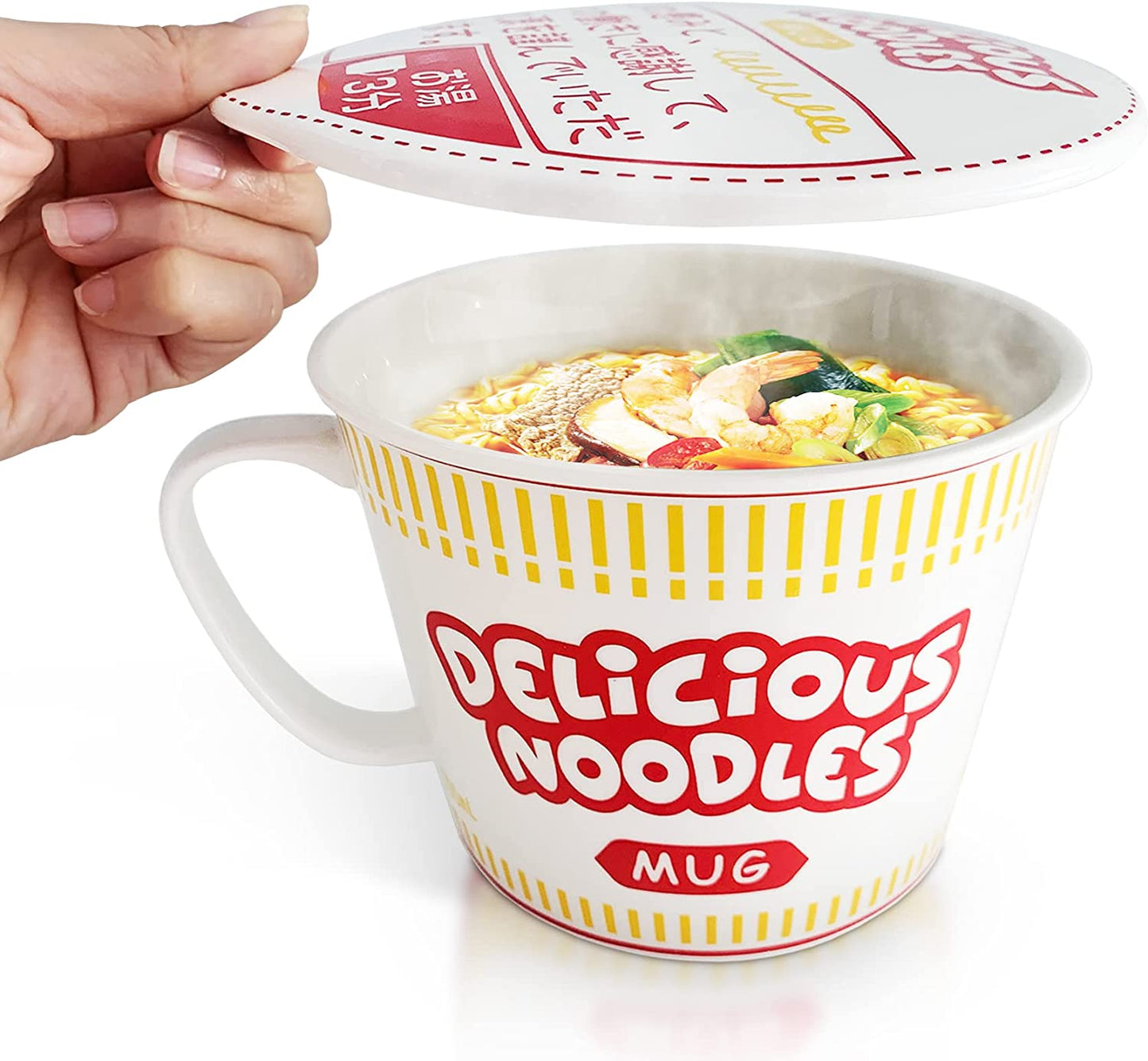 Porcelain Instant Noodle Bowl Mug With Handle 34 Oz, Red