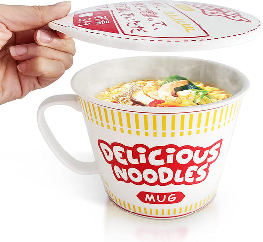 Porcelain Instant Noodle Bowl Mug With Handle 34 Oz, Red