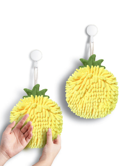 Fuzzy Ball Towels Set of 2 Yellow Pineapple