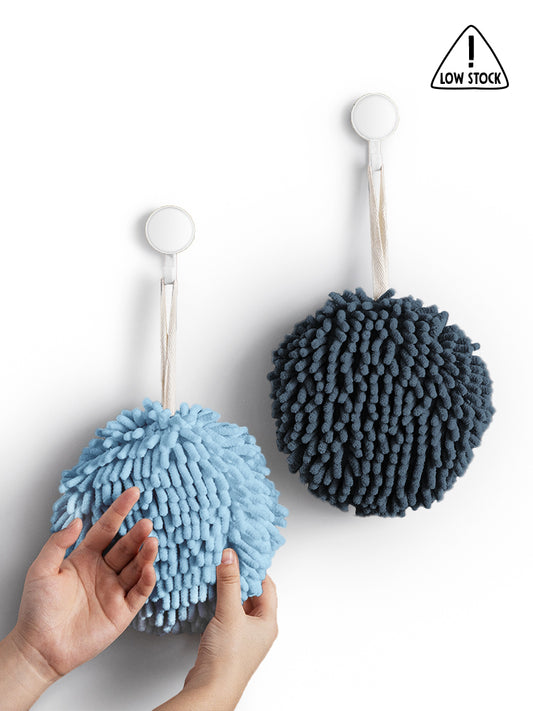 Fuzzy Ball Towels Set of 2 Light & Dark Blue