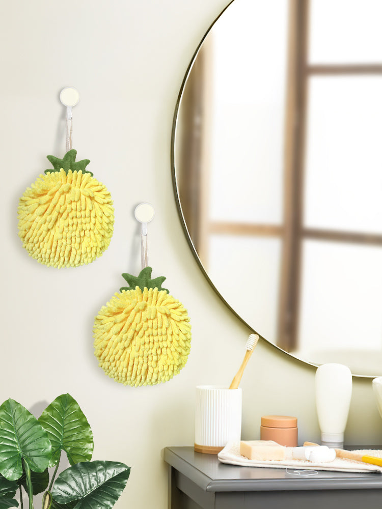 Fuzzy Ball Towels Set of 2 Yellow Pineapple