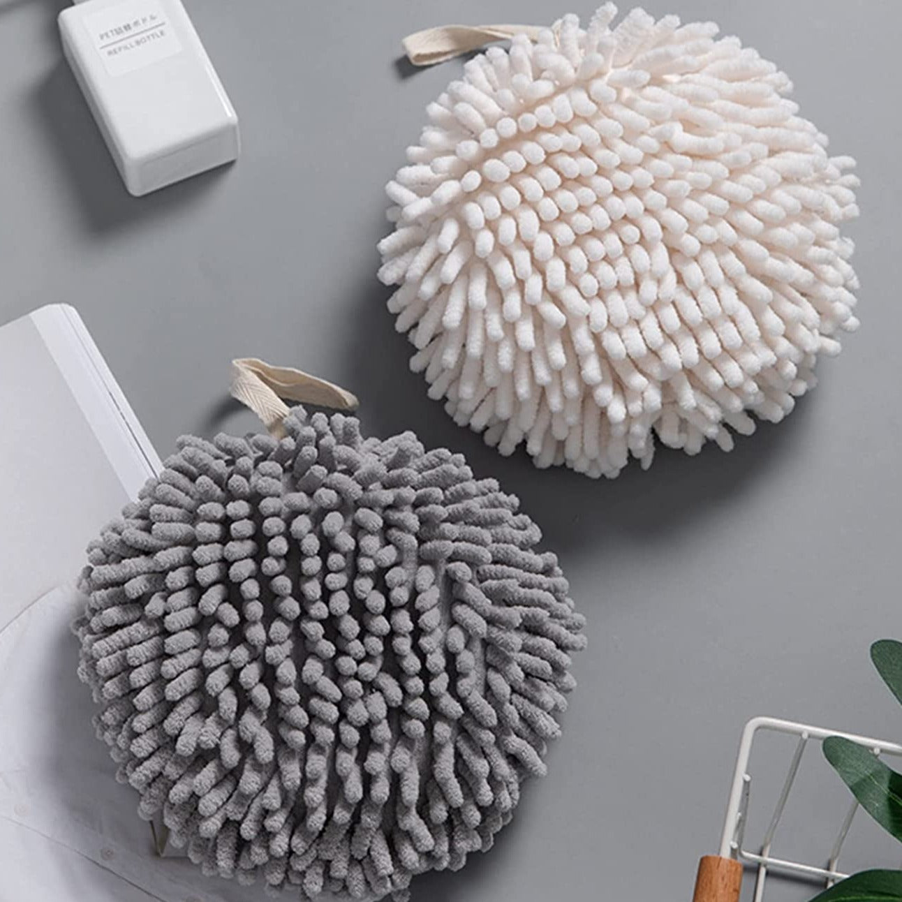 Fuzzy Ball Towels Set of 2 White and Gray