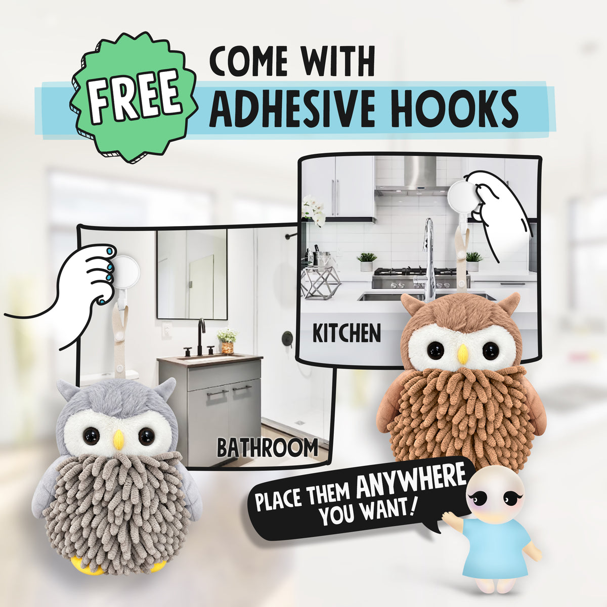 Alfie the Owl Hand Towel Set of 2 – Brown & Gray