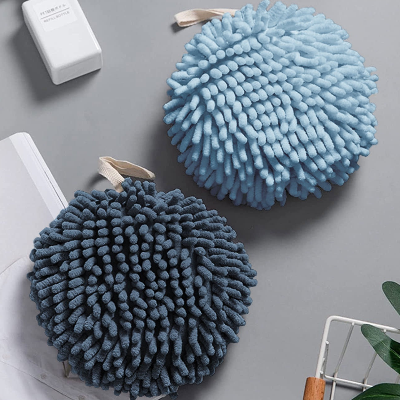 Fuzzy Ball Towels Set of 2 Light & Dark Blue