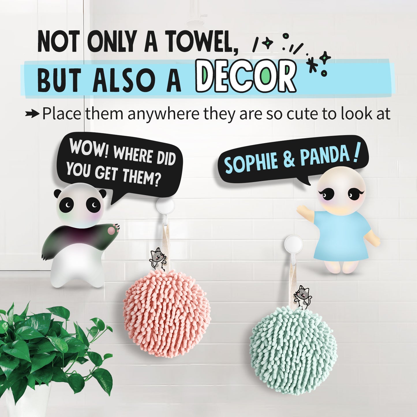 Kitty Cat Fuzzy Ball Towel Puffs Pack of 2 Mint