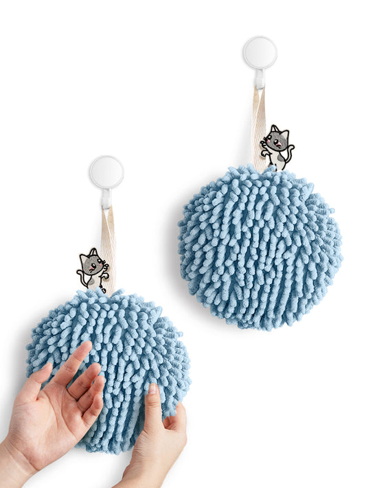 Kitty Cat Fuzzy Ball Towel Puffs Pack of 2 Blue