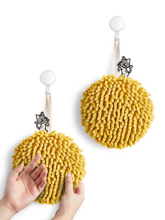 Kitty Cat Fuzzy Ball Towel Puffs Pack of 2 Yellow