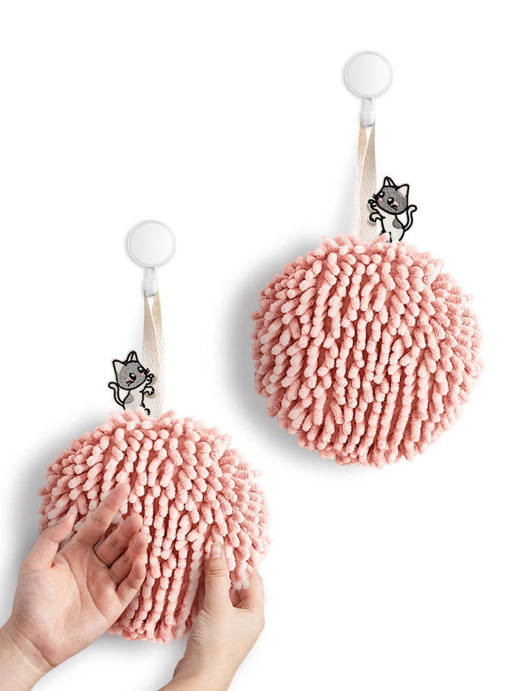 Kitty Cat Fuzzy Ball Towel Puffs Pack of 2 Pink