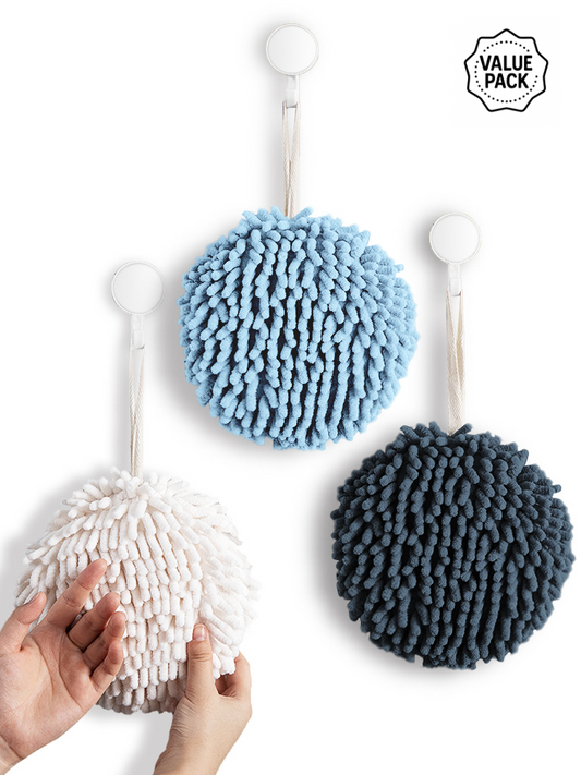 Fuzzy Ball Towels Set of 3 (White, Light & Dark Blue)