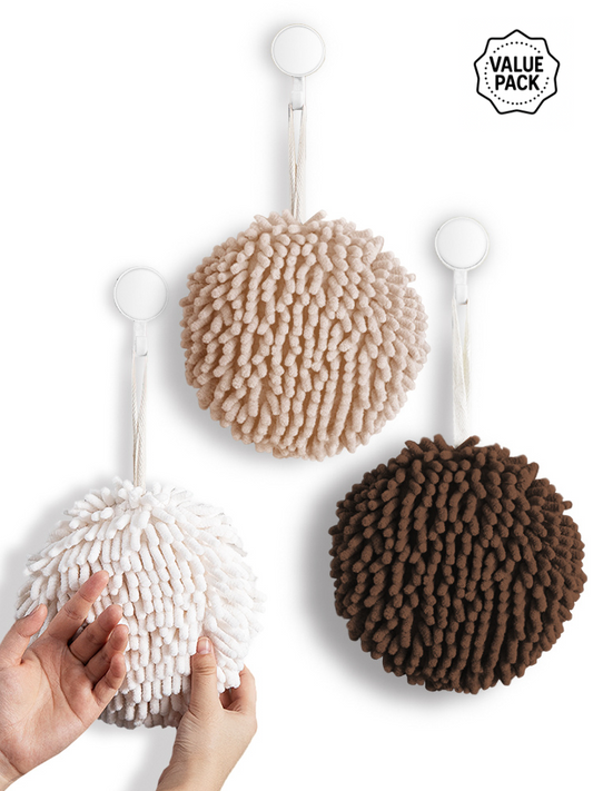 Fuzzy Ball Towels Set of 3 (White, Creamy & Brown)