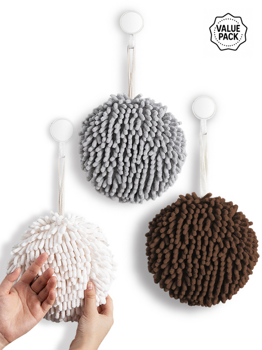 Fuzzy Ball Towels Set of3 (White, Gray & Brown)