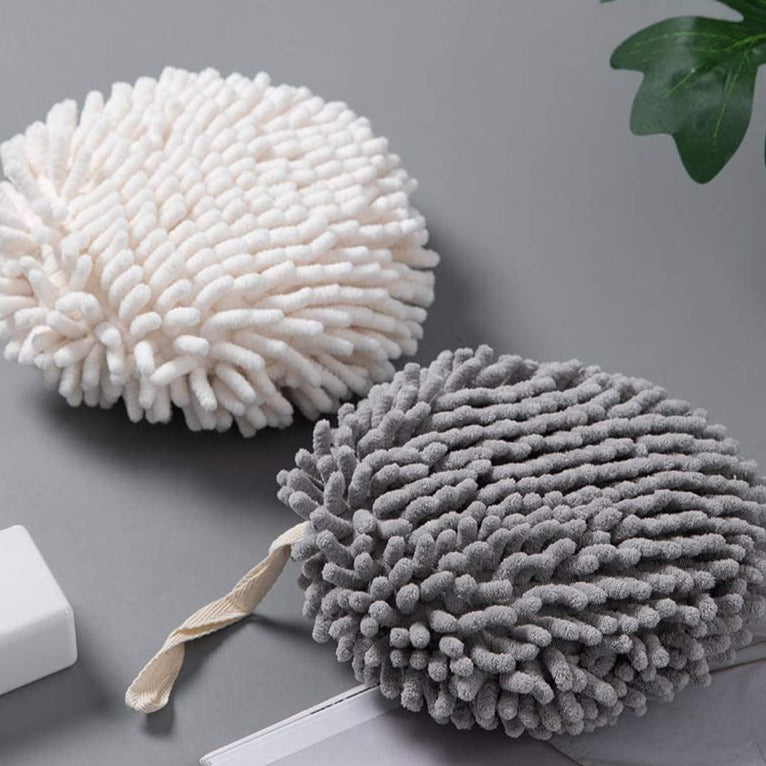 Fuzzy Ball Towels Set of 2 White and Gray